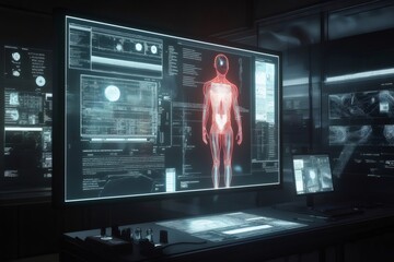 Futuristic laboratory utilizing artificial intelligence and big data to analyze the human body for medical research and innovation