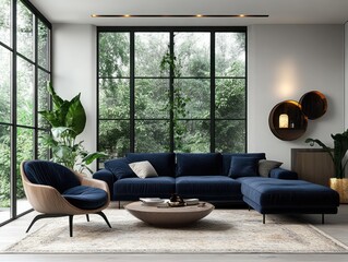 Minimalist Modern Living Room with Navy Blue Velvet Sofa and Armchair Bright Natural Lighting