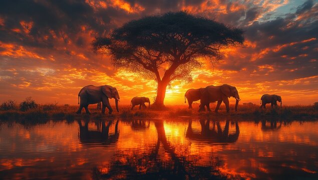 elephants sunset silhouettes near acacia tree reflection savanna landscape