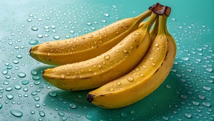 Ripe Yellow Bananas with Water Droplets on a Teal Background
