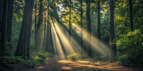 Fototapeta premium Captivating images of dense forests with sunlight filtering through the canopy, highlighting the tranquility and richness of natural habitats. 