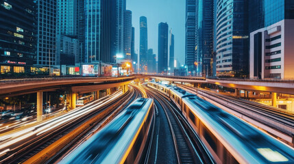 Fototapeta premium Urban Night Scene with Train Tracks and Skyscrapers in Cityscape