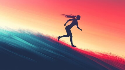 Silhouette of female runner on vibrant sunset horizon