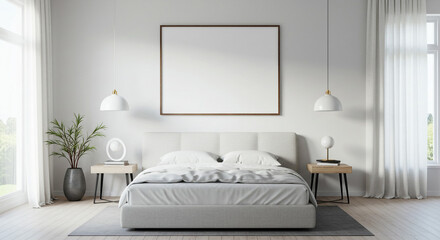 Serene sanctuary: A minimalist bedroom design featuring a plush bed, soft lighting, and an empty canvas ready to display your personal touch, all bathed in calm, natural light.