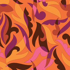 Decorative seamless pattern with abstract shapes of leaves and herbs. Artistic botanical vector background. Artisanal style of folk fairy tales allover print for fabric, textile, paper, package