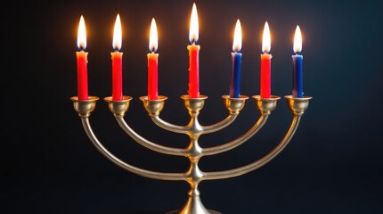 Fototapeta premium Menorah with Lit Candles - Hanukkah Celebration, Jewish Holiday, Gold Candleholder, Flame, Dark Background.