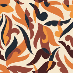 Decorative seamless pattern with abstract shapes of leaves and herbs. Artistic botanical vector background. Artisanal style of folk fairy tales allover print for fabric, textile, paper, package