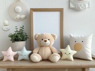 Minimalist Scandinavian Nursery Interior Scene with Teddy Bear and Pastel Star Pillows
