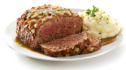 Savory Meatloaf with Ground Beef and Pork Served with Creamy Mashed Potatoes and Gravy