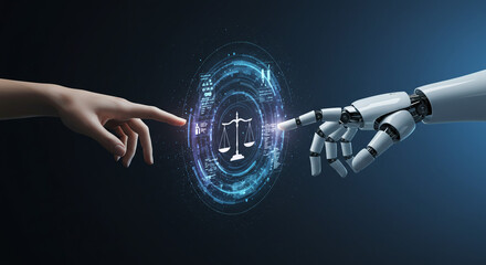 Human and AI hand reaching towards a digital justice symbol, signifying collaboration in a futuristic legal landscape with glowing blue technology.