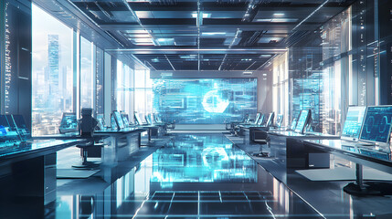 control room filled with multiple large screens displaying real-time data and analytics, with technicians monitoring the systems 