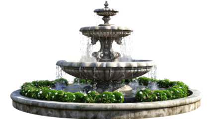 Elegance in Stone: An intricate two-tiered stone fountain with cascading water, beautifully embellished with lush green foliage, embodying timeless sophistication and tranquility. 