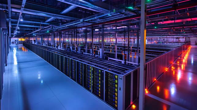 center with rows of servers, flashing lights, and high-tech monitoring systems, indicating the complexity and power of the digital infrastructure 