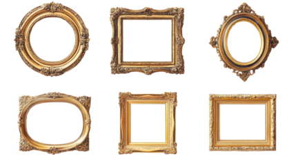 Golden Frames Collection: An exquisite assortment of ornate, gilded frames, each with its unique shape and design, meticulously captured in a captivating array.