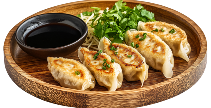 Gyoza on a wooden plate, isolated on a transparent background, PNG