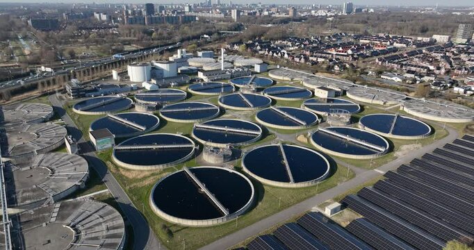 Waste water treatment installation, cleaning purifying to create drinking water. Aerial view.