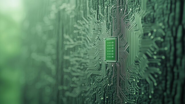 Digital Core: An intricate microchip, the brain of a digital world, illuminated by a cool light, displaying complex circuits.