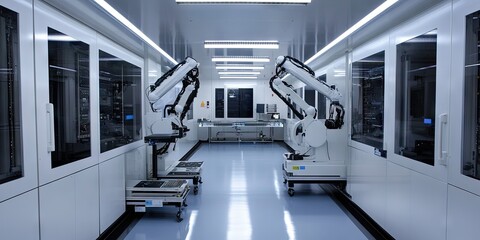 Robotic arms assembling circuit boards in a cleanroom environment, showcasing precision automation in electronics. 