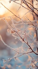 Close up view of intricate frost covered tree branches illuminated by a warm bright light creating a contemporary cinematic atmosphere