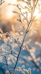 Close up of frost covered tree branches with a warm bright light source illuminating the scene from the background creating a captivating cinematic atmosphere