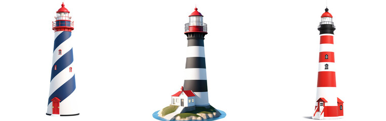 A set of cut-out PNG images featuring lighthouses on a transparent background, perfect for nautical designs, maps, and maritime-themed projects.

