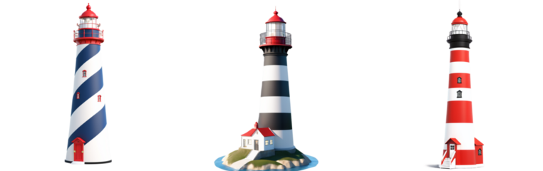 A set of cut-out PNG images featuring lighthouses on a transparent background, perfect for nautical designs, maps, and maritime-themed projects.

