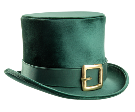 St. Patrick's Day hat, a green top hat with gold buckles on the sides, transparent background