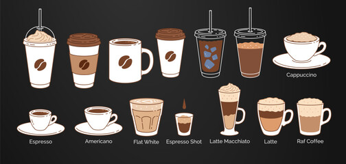 Vector illustration of various coffee drinks and cups