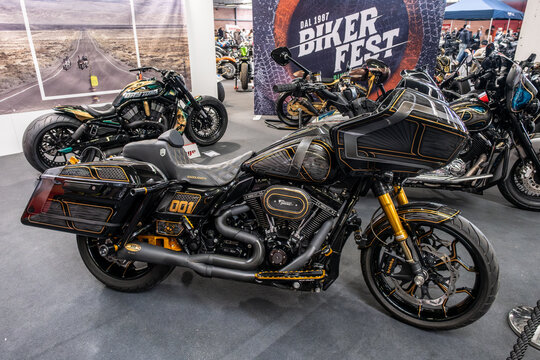 Modena, Italy : 2025 03 30 Motor Fest Expo Motorbike Custom Black and Gold Harley-Davidson Road Glide