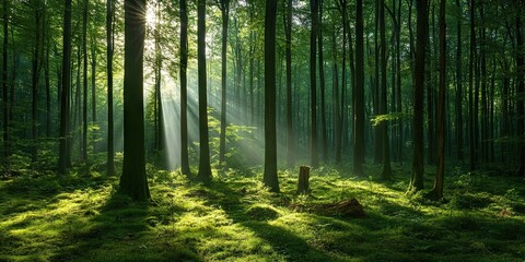 Fototapeta premium Sunlight filtering through dense forest canopies, creating dappled patterns on the forest floor.