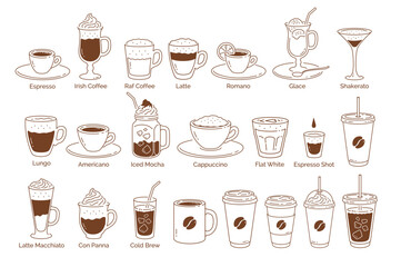 Vector illustration of coffee drinks including espresso, latte, mocha and more