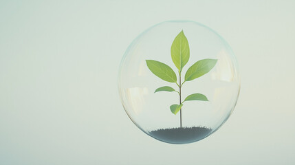 Growth in the Bubble: A tender green sprout, cradled within a transparent bubble, signifies the delicate balance and potential of life, set against a soft, atmospheric backdrop.