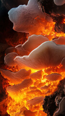 Surreal glowing fungi above molten lava, creating a dramatic sci-fi cave phone wallpaper.

