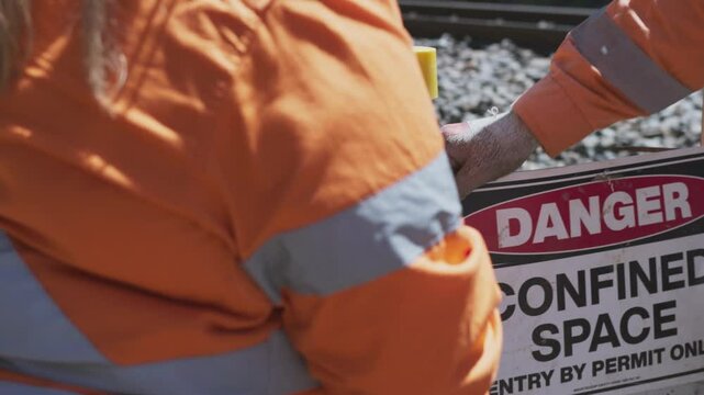Two construction workers in high-visibility clothing install a &lsquo;Confined Space&rsquo; warning sign beside a railway tunnel entrance.