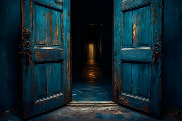 Open Dark Blue Doors Leading to a Mysterious Hallway