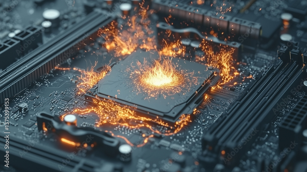 Fototapete blazing cpu: a macro shot reveals a computer processor engulfed in flames, a visual metaphor for ove