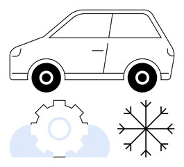 Minimalist car illustration with gear and snowflake icons symbolizing technology, mechanics, and seasonal adaptability. Ideal for innovation, automotive design, winter preparation, sustainability