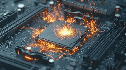 Blazing CPU: A macro shot reveals a computer processor engulfed in flames, a visual metaphor for overheating and technological issues