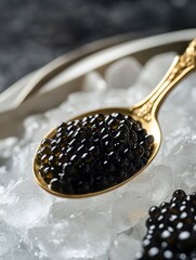 Serving Fresh Black Caviar on Ice with Golden Spoon Close-up