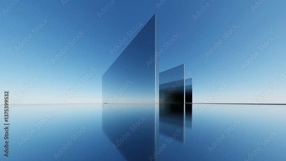 Aufkleber 3d illustration of abstract minimal architecture background, geometric architectural with chrome or 