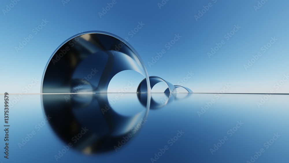 Poster 3d illustration of abstract minimal architecture background, geometric architectural with chrome or metallic arch design