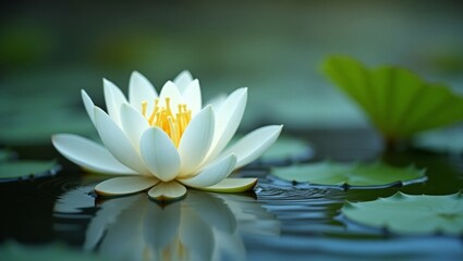 White water lily floating on calm water surface with reflection