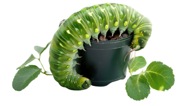 A Majestic Caterpillar in its Habitat: A vibrant green caterpillar, with a segmented body and intricate patterns, gracefully positioned on the edge of a pot.
