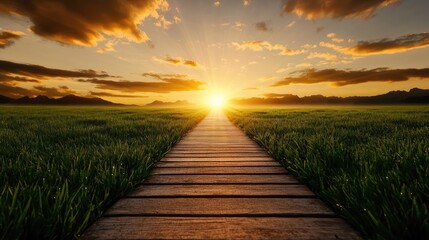 Fototapeta premium Forest at sunset rays illuminate serene pathway in twilight concept. A serene pathway leading towards a beautiful sunset horizon.