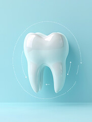 White teeth standing on the ground, on light blue background, vector illustration style. The shape of the white teeth is round and smooth, surrounded by three or four curved arrows in different direct