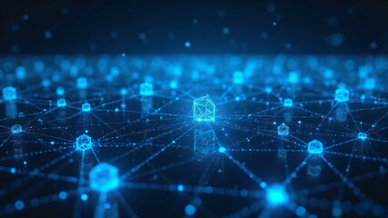 Obraz premium A network of glowing blue nodes connecting people, businesses, and devices.