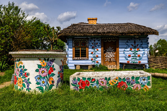 14.04.2024 Zalipie, Lesser Poland, Poland. Open air museum and ethnographic park of folk architecture and colorfoul paintings in Zalipie village, near Tarnow in Lesser Poland 