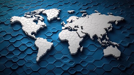 Futuristic Hexagonal World Map Digital Art in Blue and White