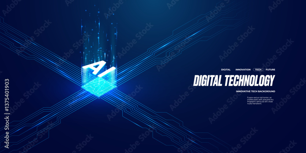 Poster Isometric digital AI chip with abstract light big data elements on dark blue technology background. Circuit board with AI processor. Semiconductor on tech bd. Vector illustration. Computer backdrop. 