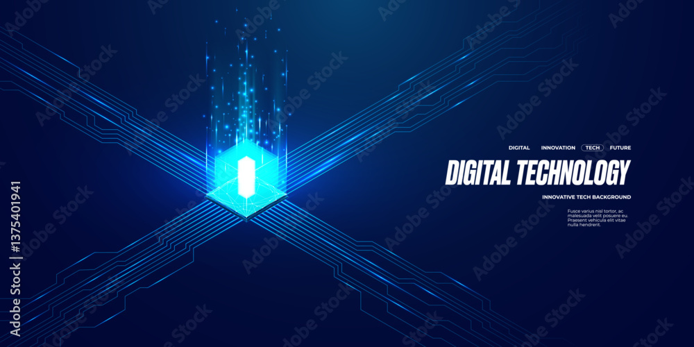 Poster Isometric digital CPU processor with abstract light flow elements on a dark blue technology background. Circuit board with AI chip. Semiconductor on tech bd. Vector illustration. Computer backdrop. 